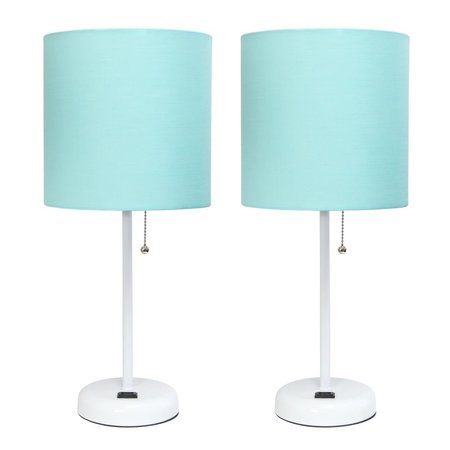 DIAMOND SPARKLE White Stick Table Lamp with Charging Outlet & Fabric Shade, Aqua - Set of 2 DI2519776